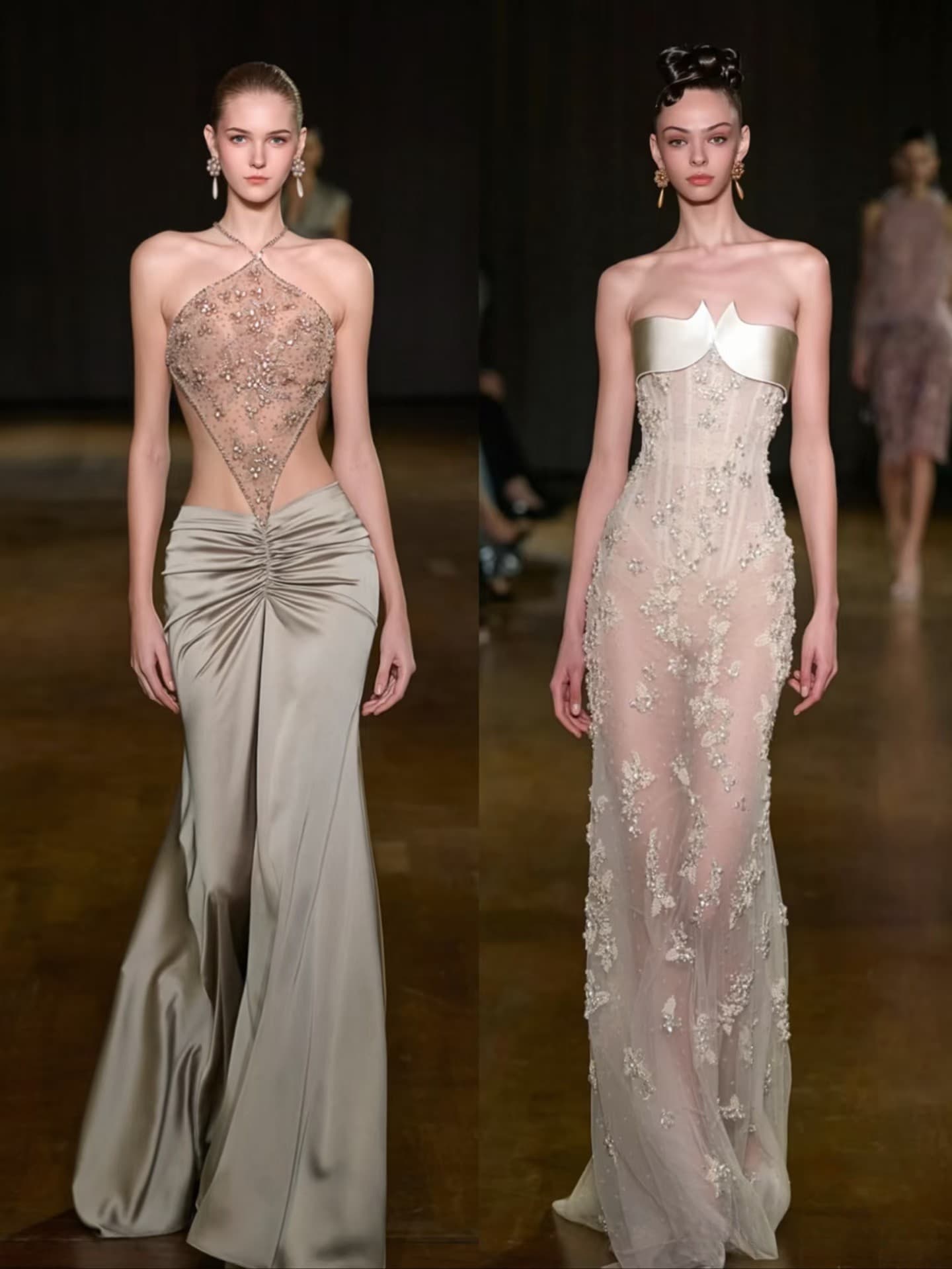 SS26 Runway — embellished halter gown meets sheer strapless. Which would you wear to the gala?