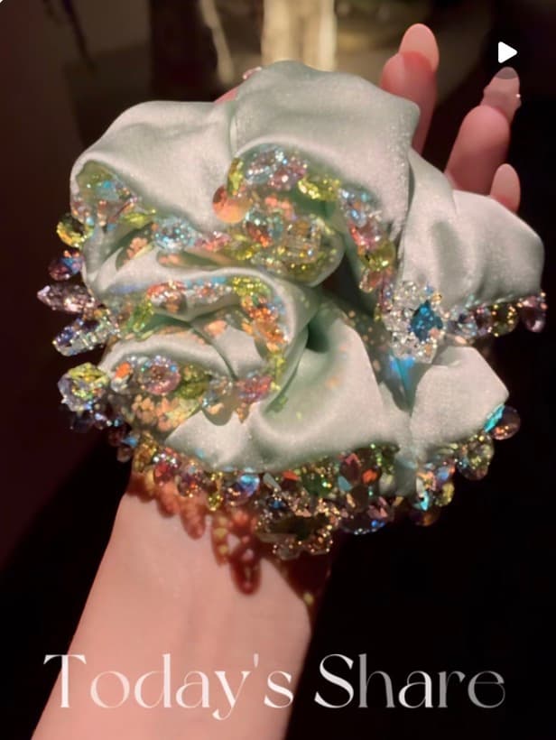 Today's share — crystal-embellished silk scrunchie, handmade in our studio. Each one is unique