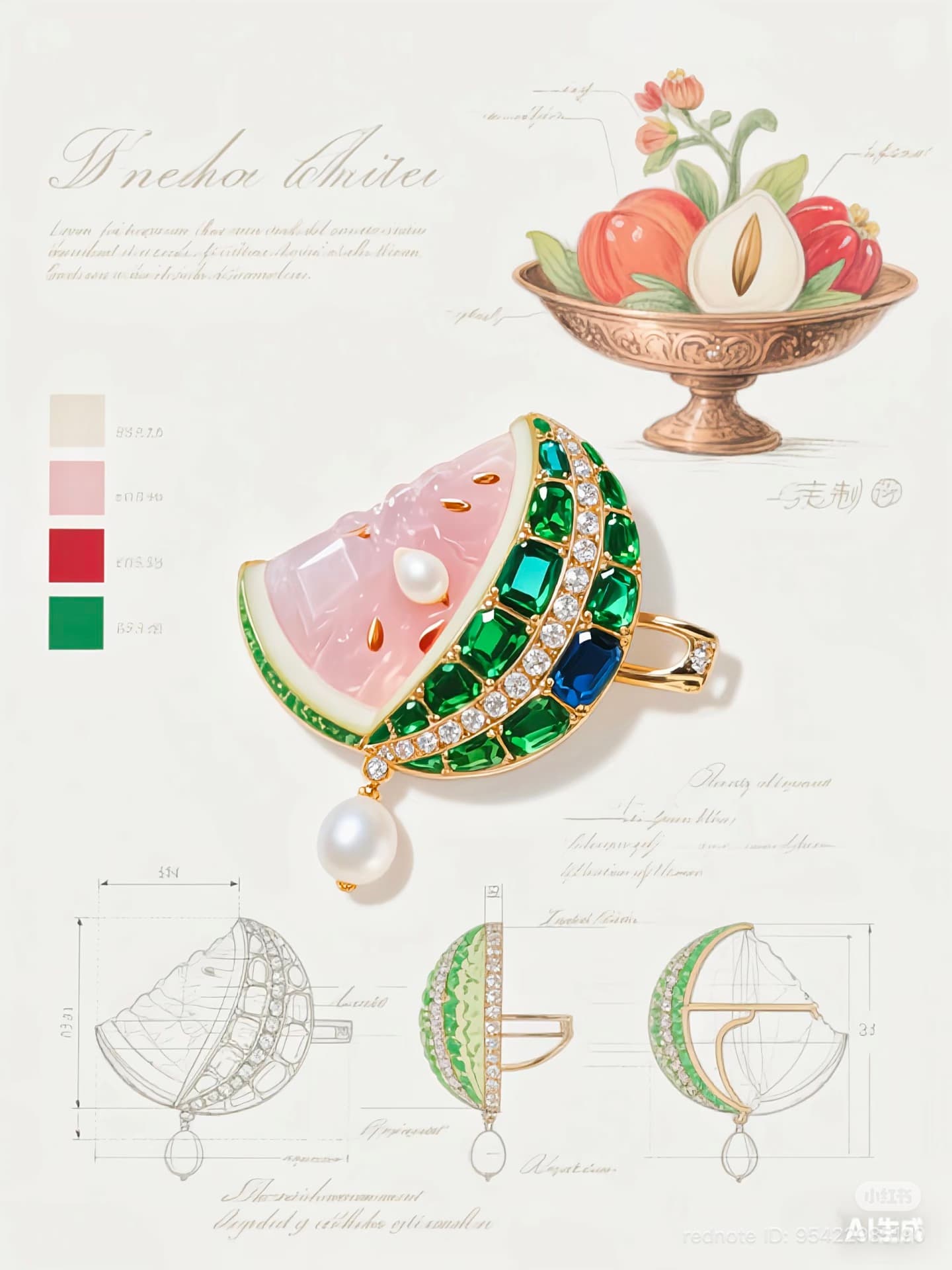 Watermelon Jewel Brooch — hand-set emeralds, pink enamel, pearl drop. AI-designed, waiting to be real.